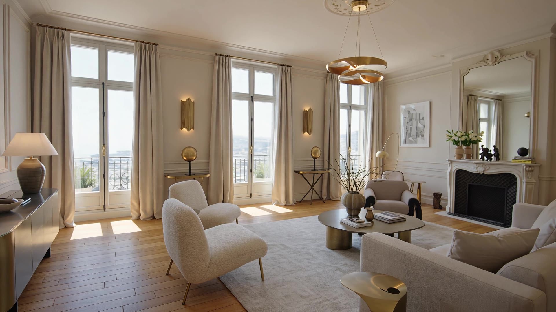 A bright Belle Epoque living room with tall windows, a marble fireplace and a view over Nice