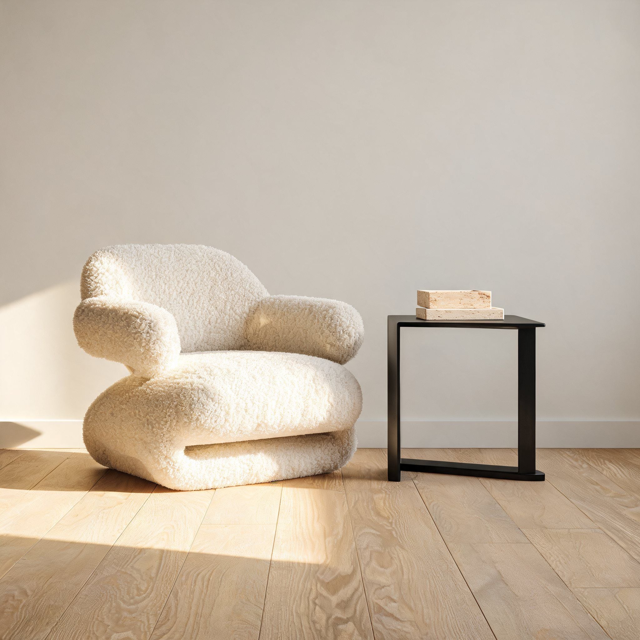 A cream bouclé armchair and a dark side table on an oak floor, in sunlight