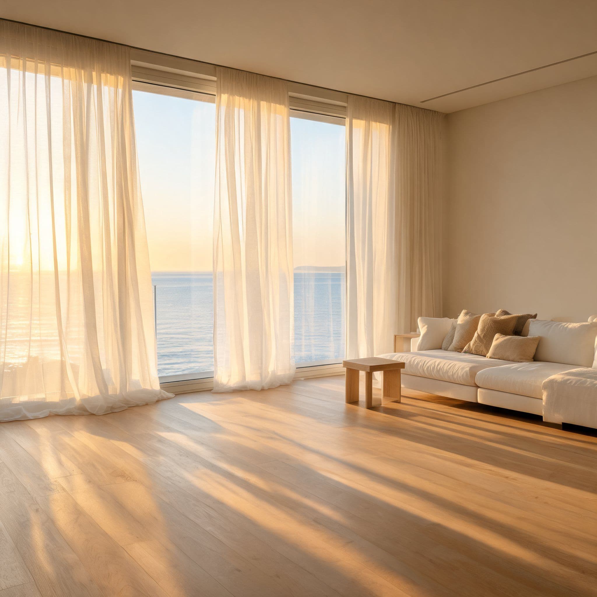 A living room at sunset, light through long linen curtains, the sea beyond