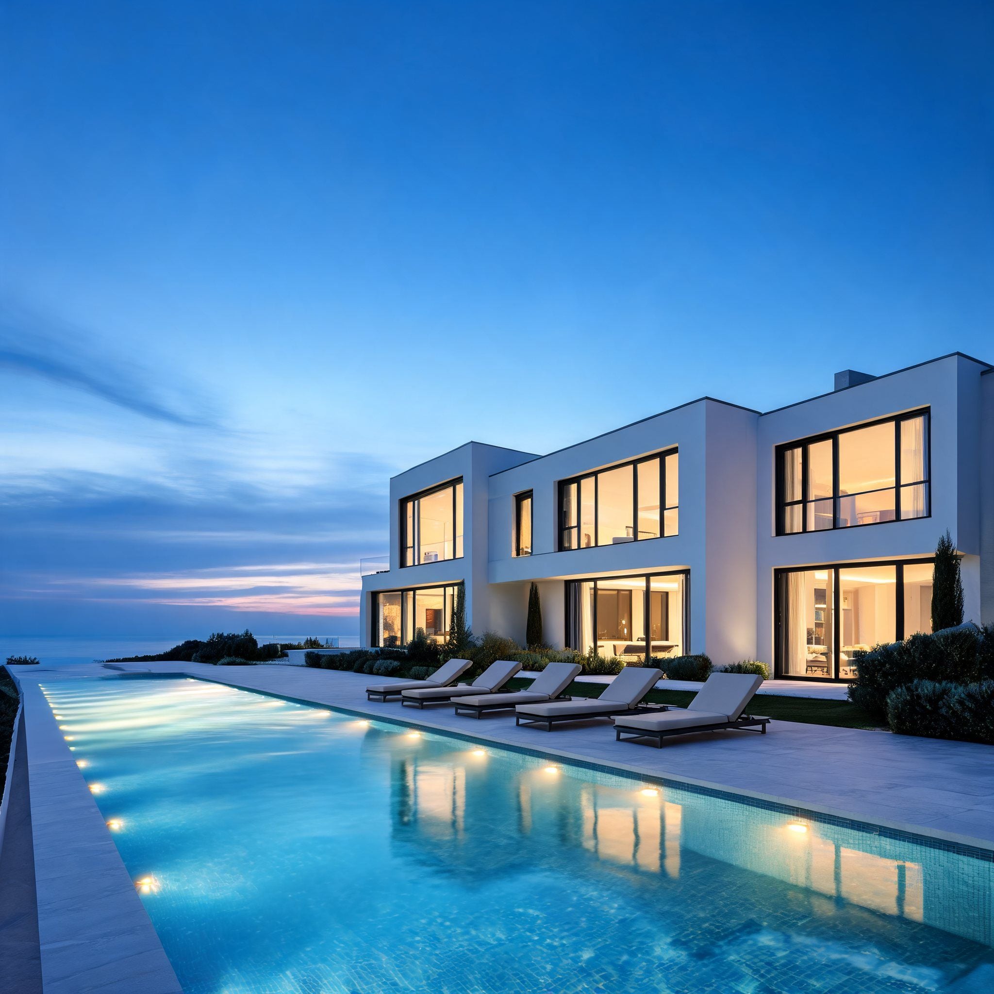 A white villa and its lit pool with sun loungers at dusk, the sea beyond
